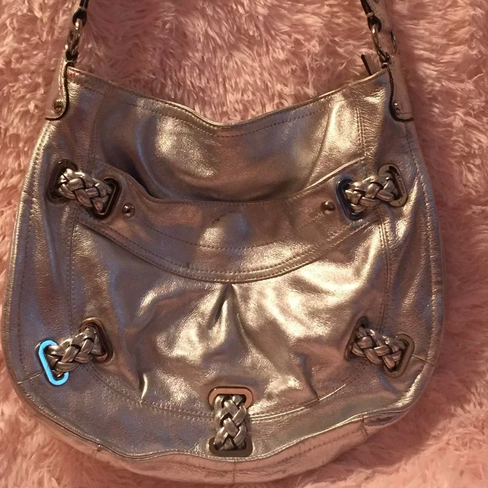 B. Makowski Silver Metallic Leather Hobo Shoulder Bag Purse